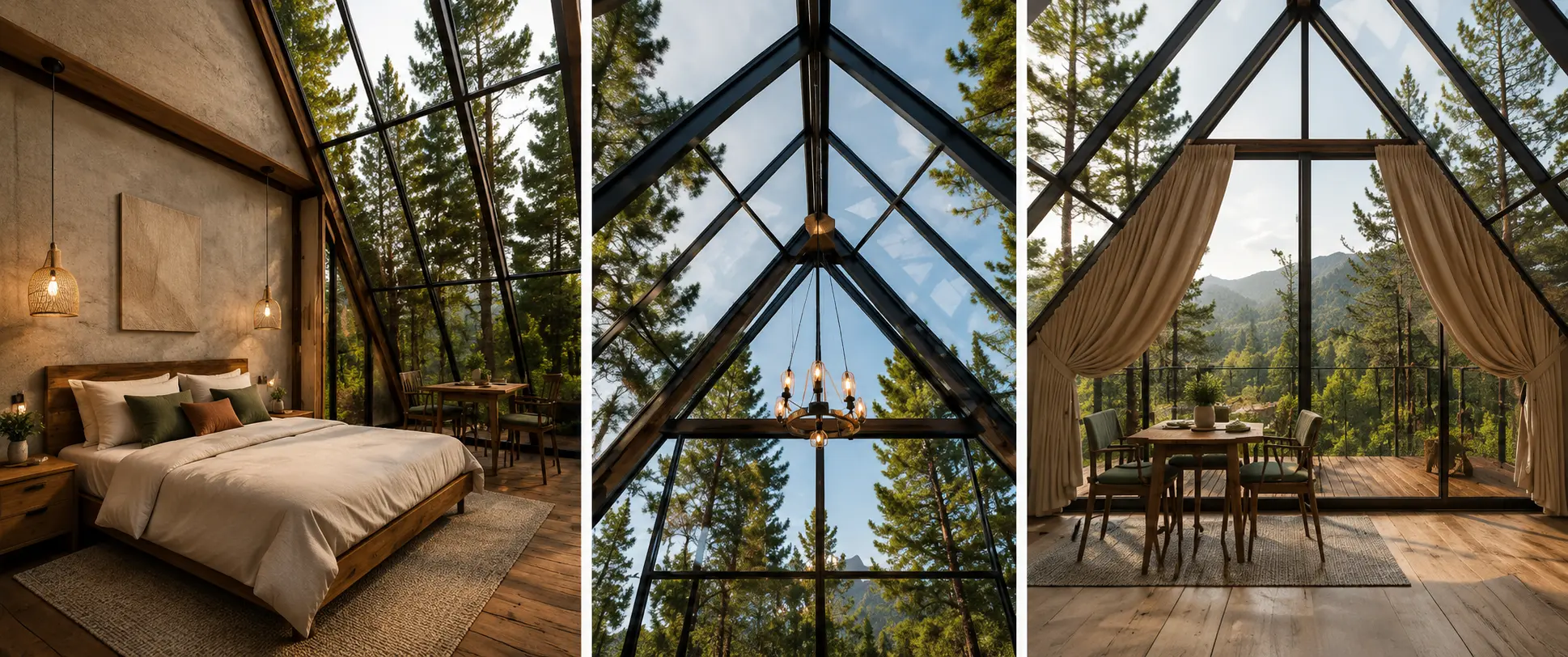 Luxury Glass A-Frame Exterior & Interior Views